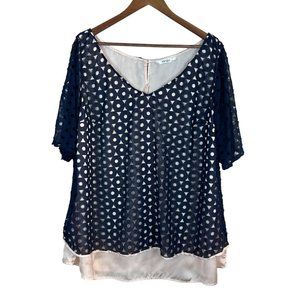 Eshakti Blouse Top 3X 24W Navy Blue Beige Geometric Short Sleeve V-Neck High Low